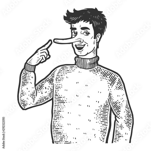 Liar man with long nose sketch engraving vector illustration. Tee shirt apparel print design. Scratch board style imitation. Black and white hand drawn image.