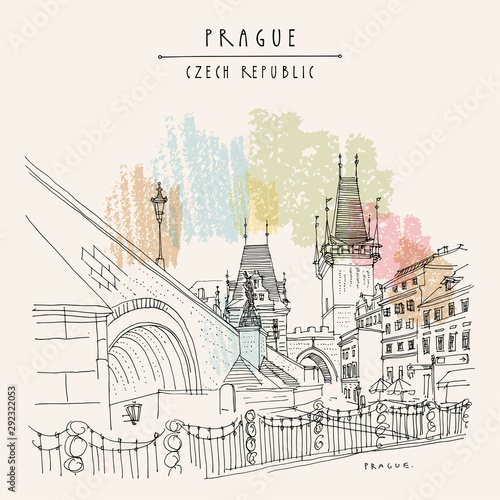 Prague, Czech Republic, Europe. Charles Bridge (Karluv Most). Prague famous landmark. Retro travel sketch. Hand drawn vintage touristic postcard, poster, book illustration. Artistic drawing in vector