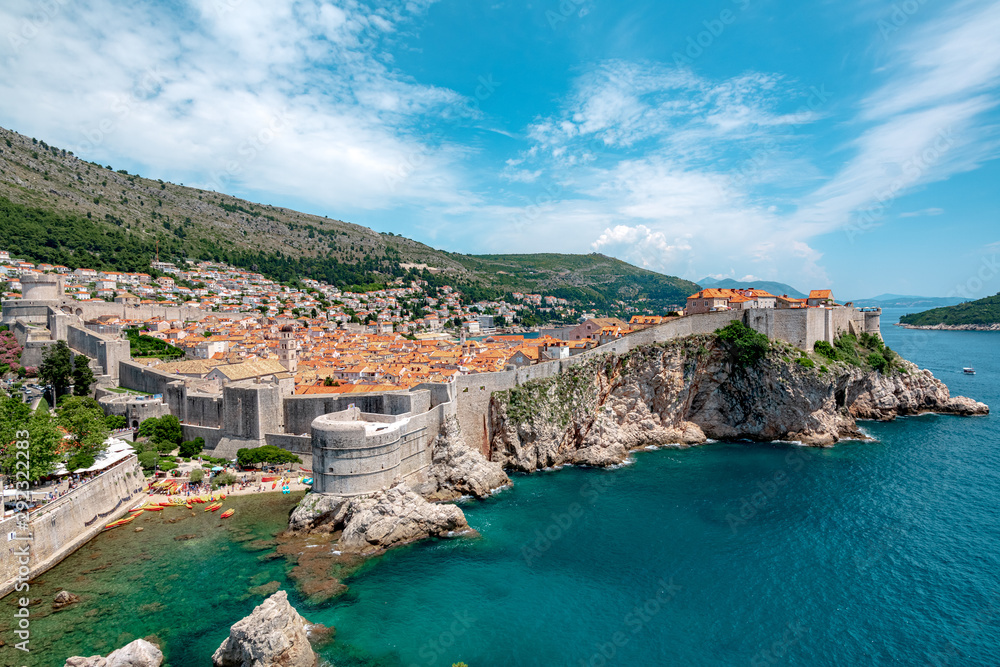 Stunning view of Dubrovnik city walls and Dubrovnik old town, the famous Unesco world heritage site in Croatia.