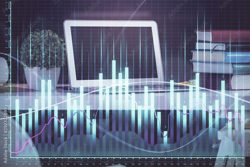 Stock market graph and table with computer background. Multi exposure. Concept of financial analysis. Stock market graph and table with computer background. Multi exposure. Concept of financial analysis.