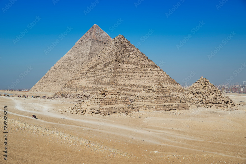 View of the Giza pyramid complex at the Giza Plateau, Cairo, Egypt