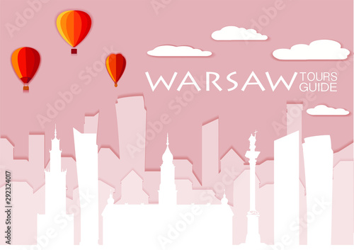 Warsaw silhouette, paper cut stile vector skyline illustration, clouds, airship, collage icon, city panorama