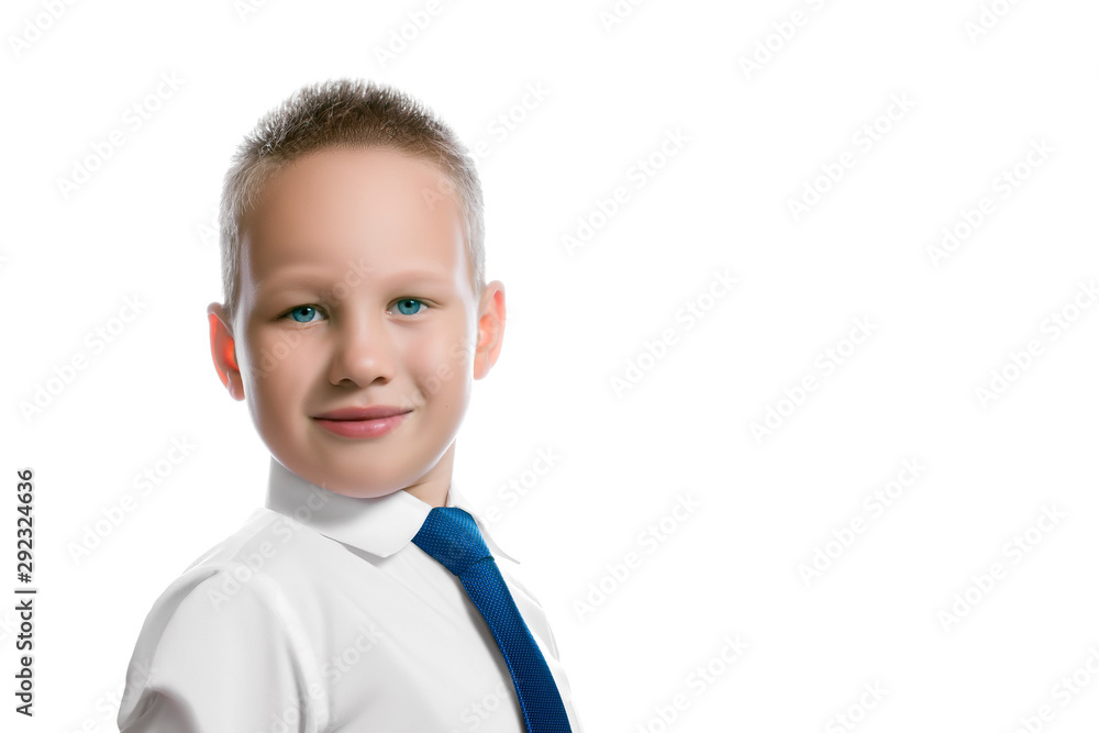 Beautiful European boy with a light smile in a white shirt with a blue tie in the character of a successful self-confident businessman with an empty place for text isolated on white background Beautiful European boy with a light smile in a white shirt with a blue tie in the character of a successful self-confident businessman with an empty place for text isolated on white background