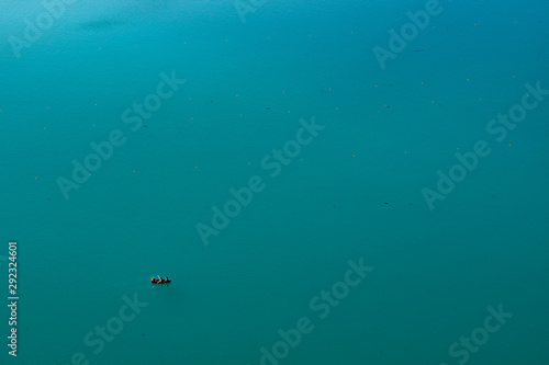 Top view of people kayaking in the lake Bled, the famous tourist destinaion in Slovenia.