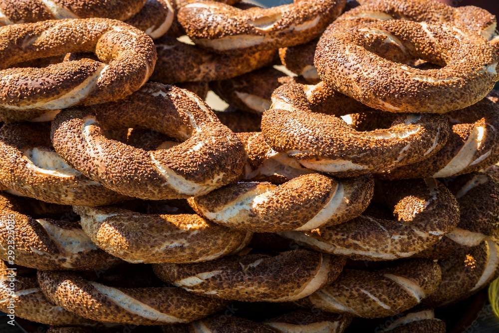 Background with Turkish bagels simit, close-up Background with Turkish bagels simit, close-up