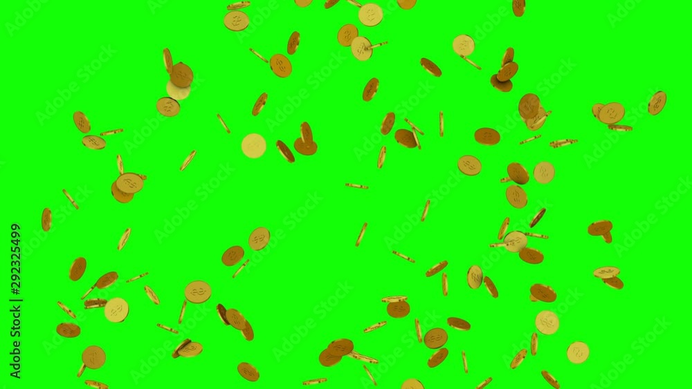 3d animation of falling golden coins isolated on green. 3d animation of falling golden coins isolated on green.