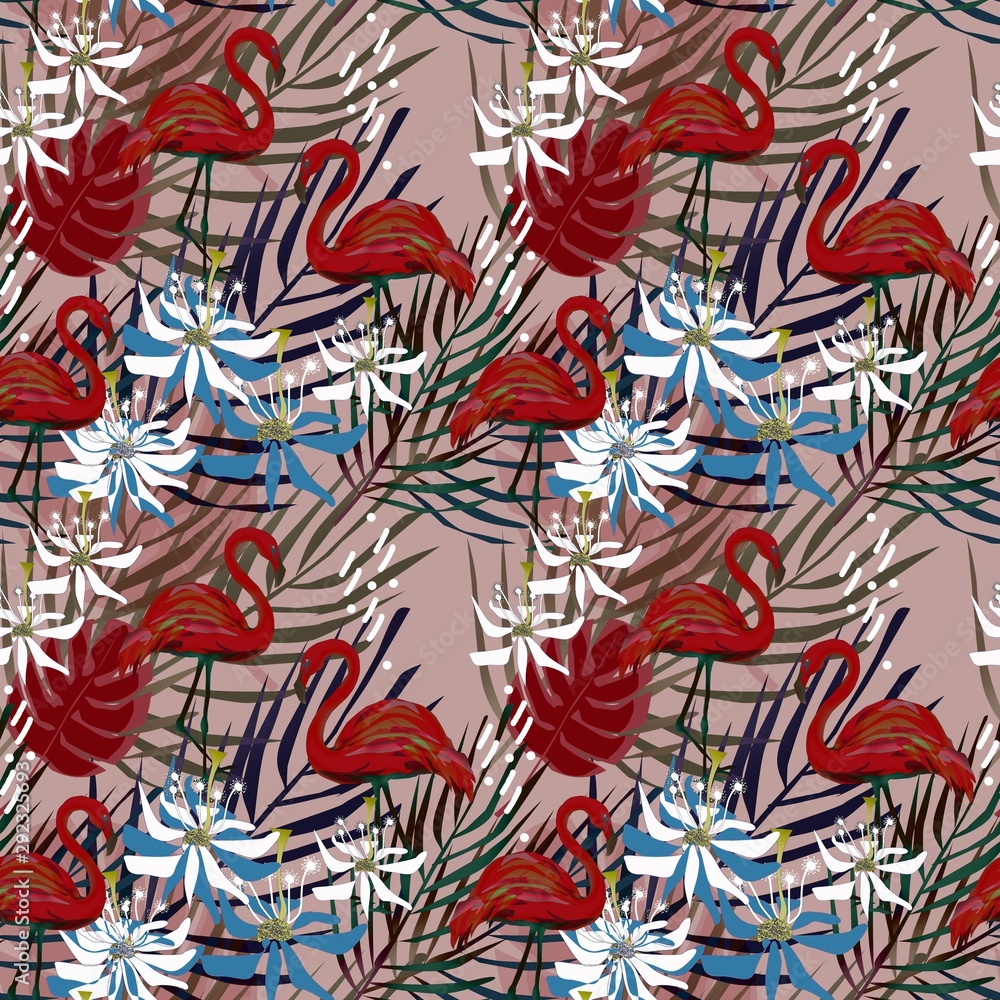 Obraz premium Red flamingo, white and blue flowers seamless pattern, gray sprigs on a messy beige background.
