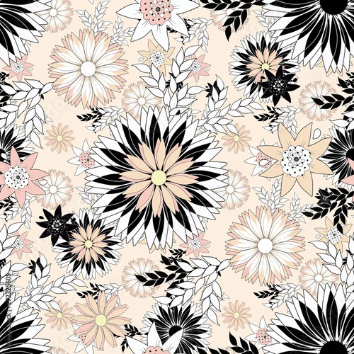 Abstract flowers seamless pattern in pink, black and white. Geometry. © Яна Титова