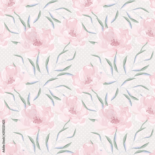 Seamless pattern of gently pink peonies with leaves on a gray polka dot background.