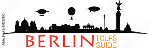 Berlin silhouette, vector skyline illustration, airship, paper cut, clouds, bridge, collage icon, city panorama river