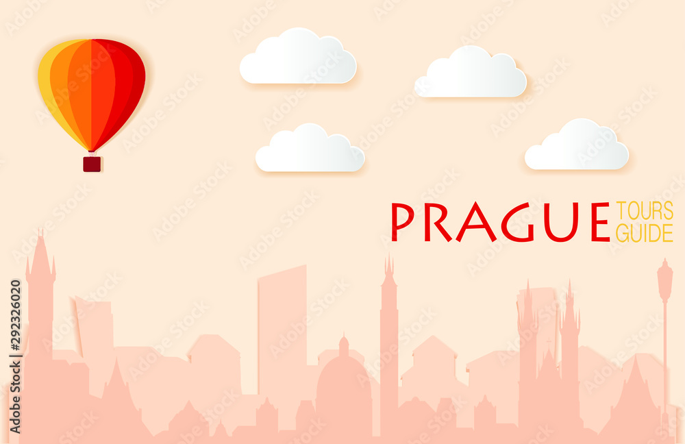 Prague silhouette, paper cut, vector skyline illustration, clouds, bridge, collage icon, city panorama river