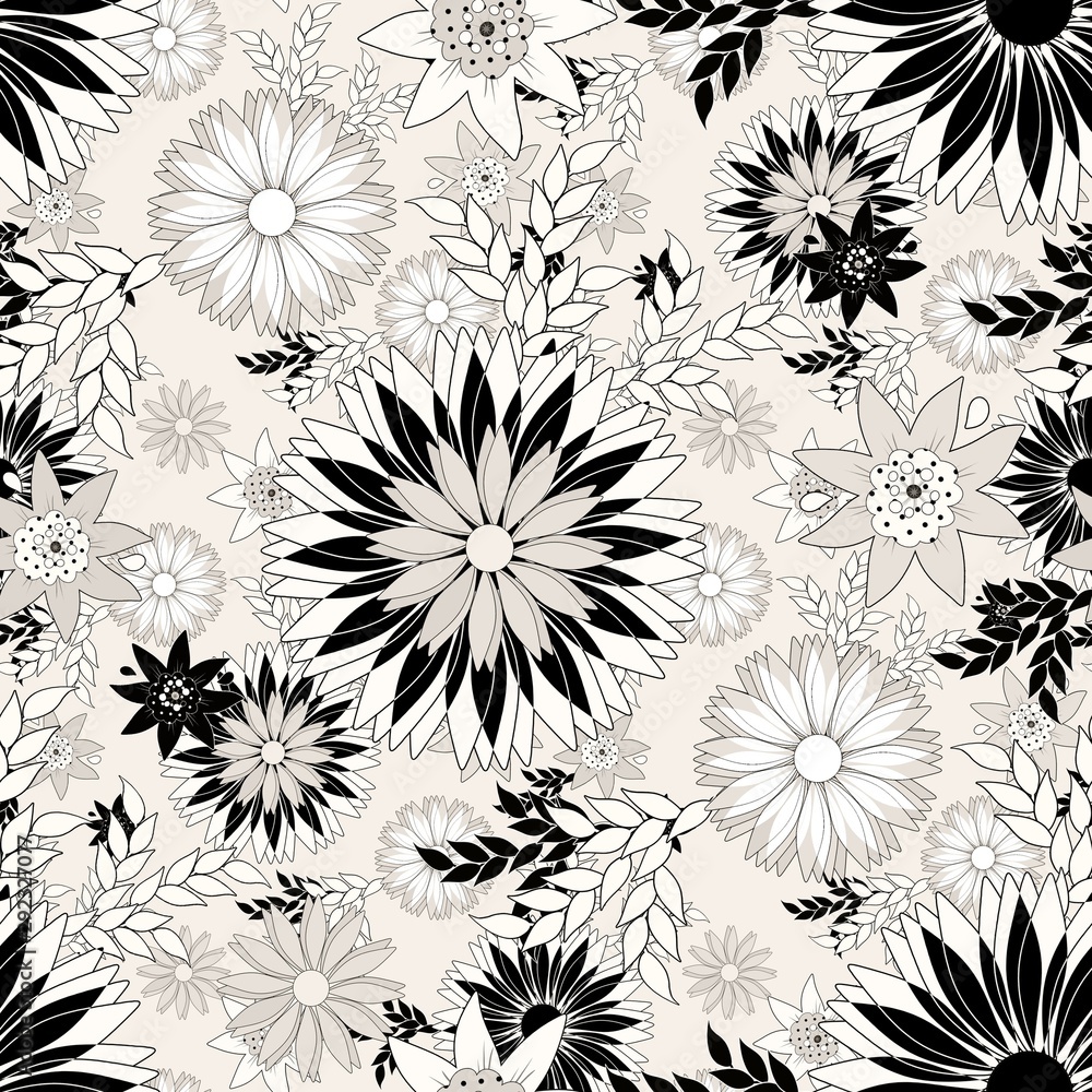 Fototapeta premium Abstract daisies and cornflowers seamless pattern in gray, black and white design.