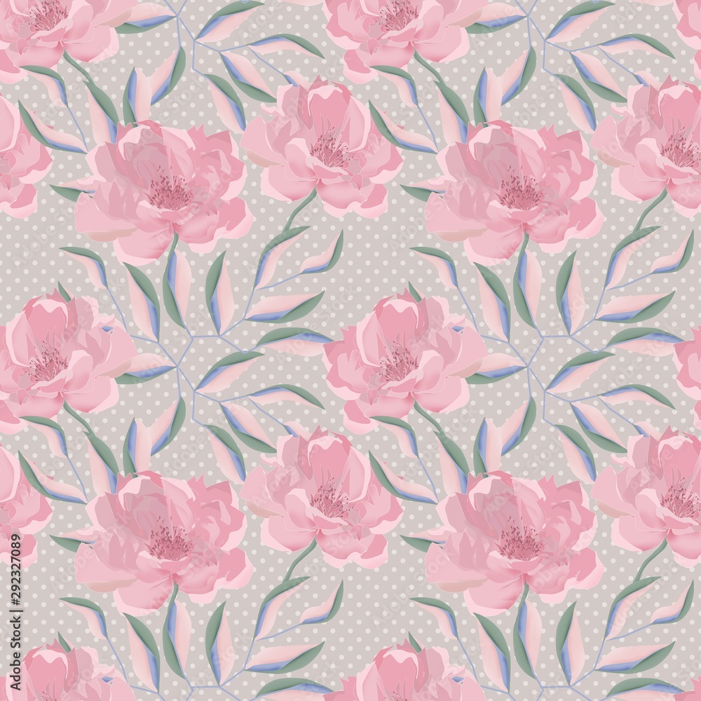 Fototapeta Seamless pattern of delicate pink peonies with leaves in light pink, blue and green colors on a gray polka dot background.