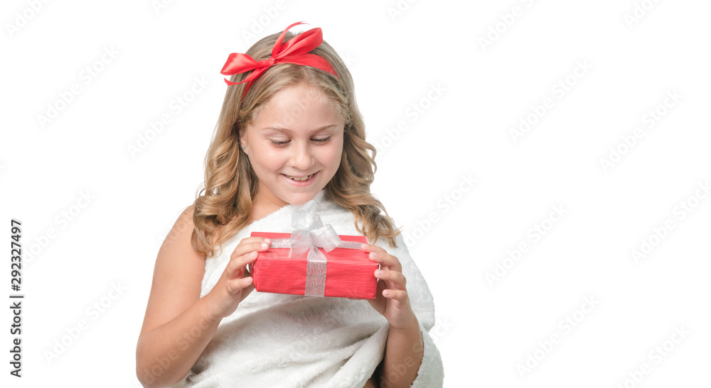 Blonde little girl with a gift on white background Blonde little girl with a gift on white background