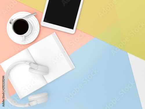 minimalistic styled tablet headphones and accessories on pastel background. Mock up Flat lay top view 3d render