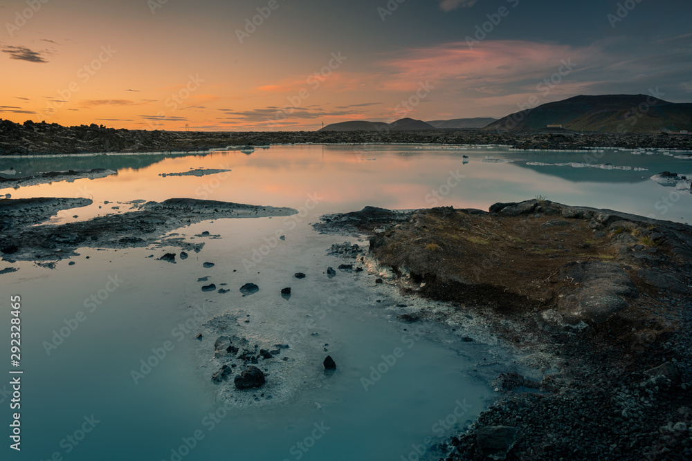 View to Blue lagoon at the sunset with cloudy sky.