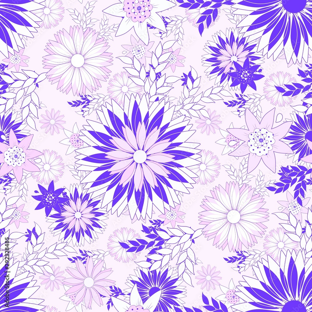 Abstract cornflowers and daisies seamless pattern in white, lilac and pink colors on a pale pink background. Abstract cornflowers and daisies seamless pattern in white, lilac and pink colors on a pale pink background.