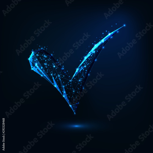 Futuristic glowing low polygonal approved sign made of lines, dots, stars, triangles.