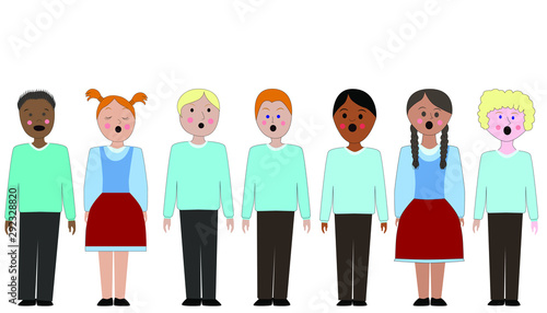 Children's choir . Lesson of choral singing in children. Children sing all together.