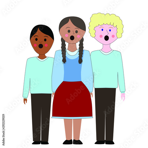Children's choir . Lesson of choral singing in children. Children sing all together.