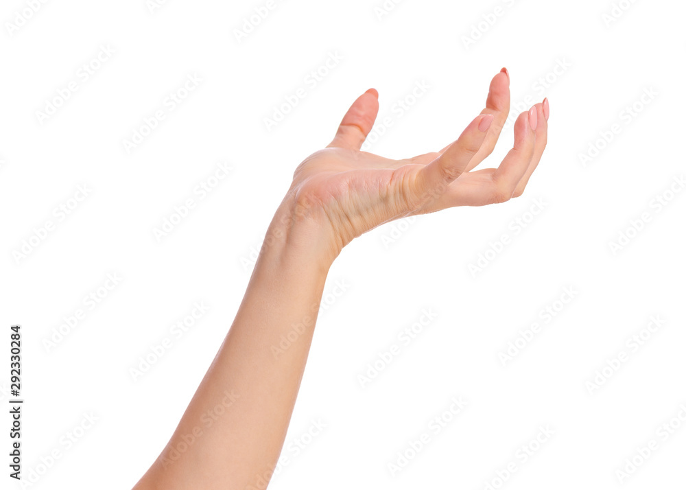 Female empty hand holding - palm up, isolated on white background. Beautiful hand of woman with copy space. Female empty hand holding - palm up, isolated on white background. Beautiful hand of woman with copy space.