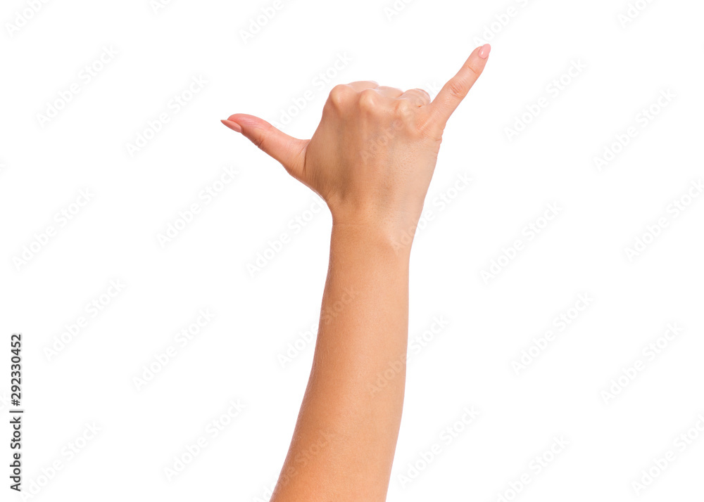 Female hand making phone sign with fingers, isolated on white background. Beautiful hand of woman with copy space. Female hand making phone sign with fingers, isolated on white background. Beautiful hand of woman with copy space.
