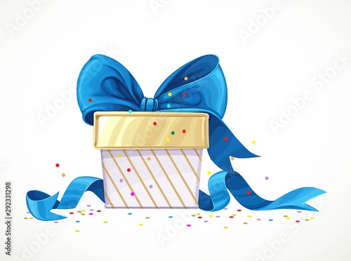Holiday gift in white box with blue bow strewn with confetti isolated on a white background