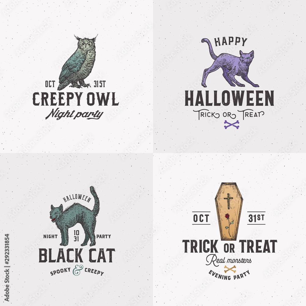 Vintage Style Halloween Logos or Labels Template Set. Hand Drawn Owl, Evil Cats and Coffin Sketch Symbols Collection. Retro Typography. Shabby Textures Background. Векторный объект Stock