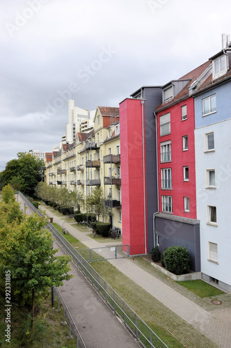 Row of houses in Munich, Schwabing, next to the track of a tram