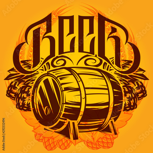 Color vector template on the alcohol theme with a barrel, hops, spikelets