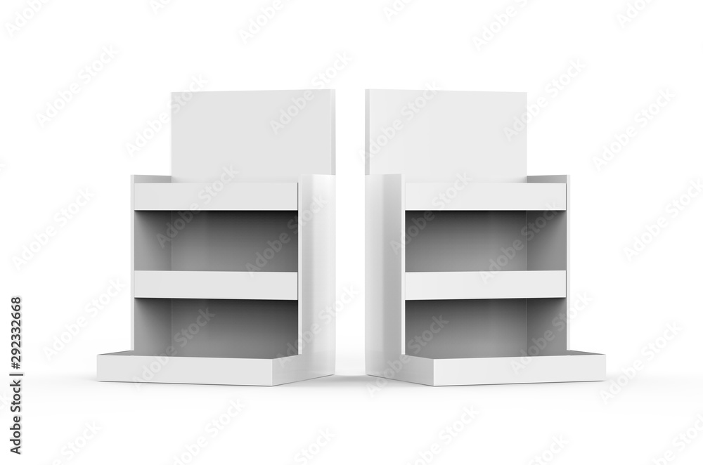 Display cardboard counter shelf holder box, POS POI blank empty mock Up template on isolated white background, 3d illustration Display cardboard counter shelf holder box, POS POI blank empty mock Up template on isolated white background, 3d illustration