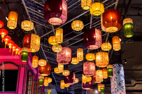 Photography Group of vintage chandelier in restaurant bangkok Thailand.