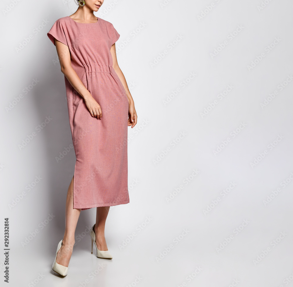 Slim curly female model in a silk pale pink dress looking at the camera in full growth. Cute girl in romantic clothes is going on a date Slim curly female model in a silk pale pink dress looking at the camera in full growth. Cute girl in romantic clothes is going on a date