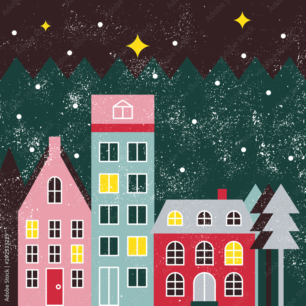 Merry Christmas holiday scandinavian style card. Xmas trees and traditional houses in festive colors. European city flat vector illustration. Night landscape