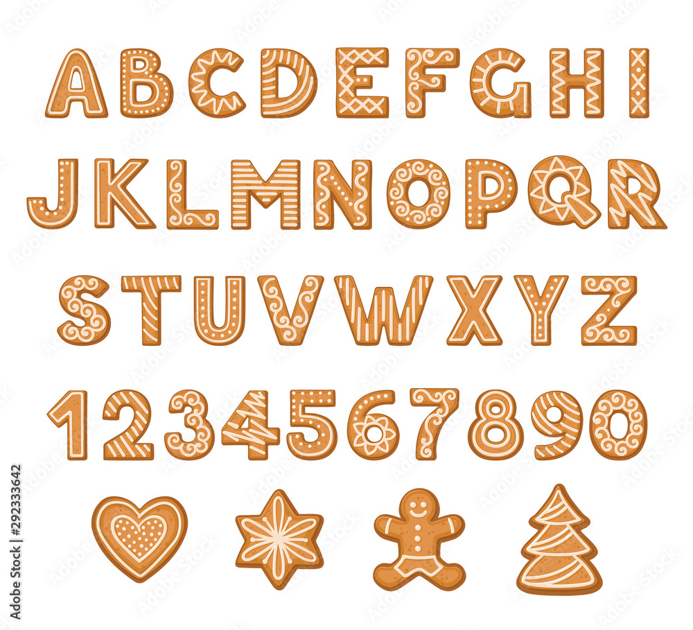 Set of cookies in the form of letters and numbers. Vector illustration. Set of cookies in the form of letters and numbers. Vector illustration.