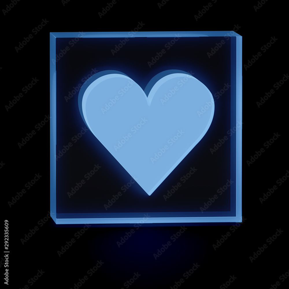 Clear transparent glass or plexiglass display with luminous heart like shape inside on dark background, 3D rendered image