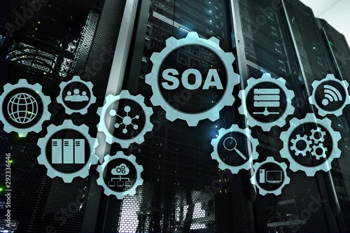SOA. Architecture under principle of service encapsulation. Datacenter background. photo