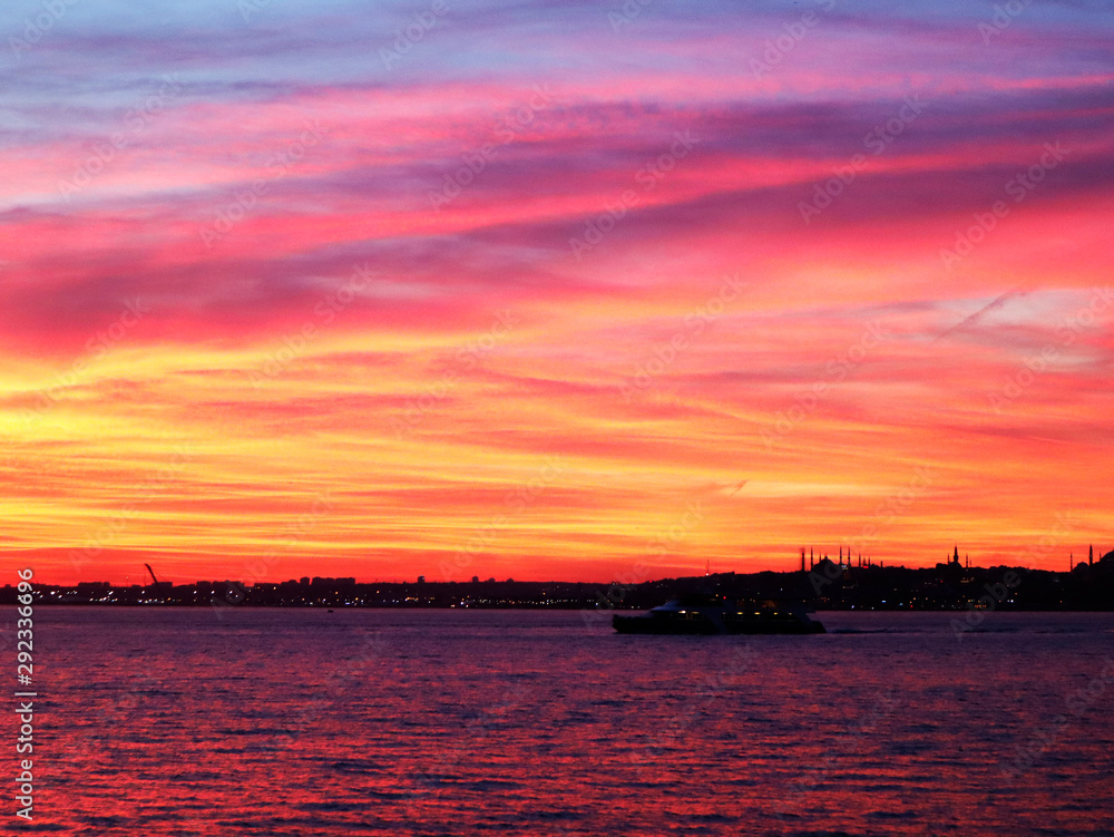 Silhouette of Istanbul. Neon sunset. View of Bosphorus and Istanbul at sunset. Silhouette of Istanbul. Neon sunset. View of Bosphorus and Istanbul at sunset.