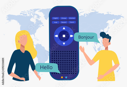 Smart translator, translation technology concept. People communicate using a portable smart translator. Foreign language translation application. Colorful vector illustration