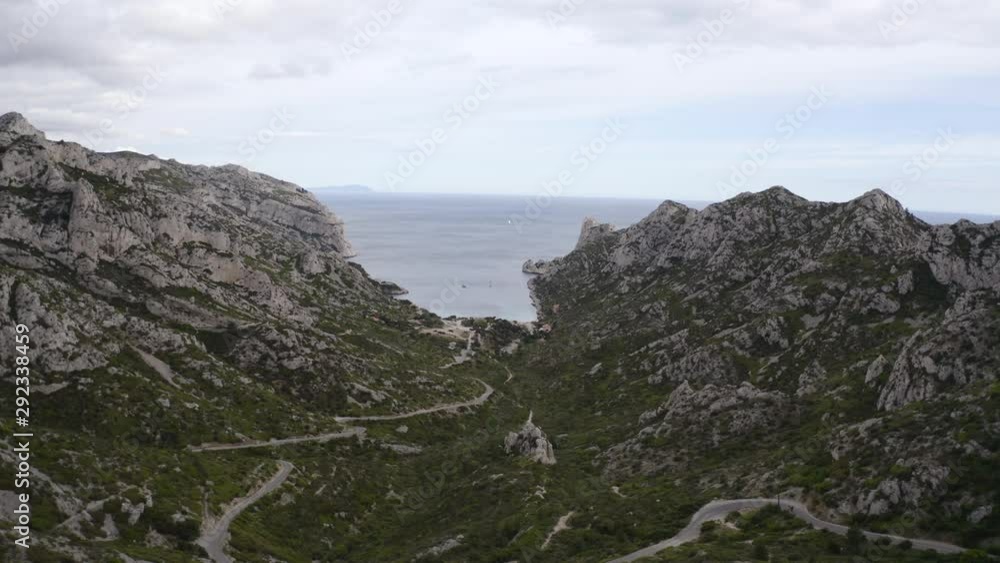 Aerial over mountain road in National Park Calanques, Marseille, France Aerial over mountain road in National Park Calanques, Marseille, France