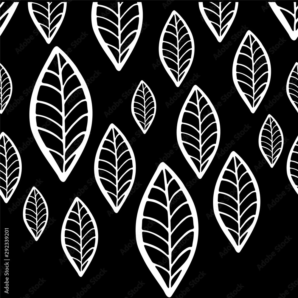Linear pattern of white leaves on a black background.Template can be used for sites, leaflets, wallpapers Linear pattern of white leaves on a black background.Template can be used for sites, leaflets, wallpapers