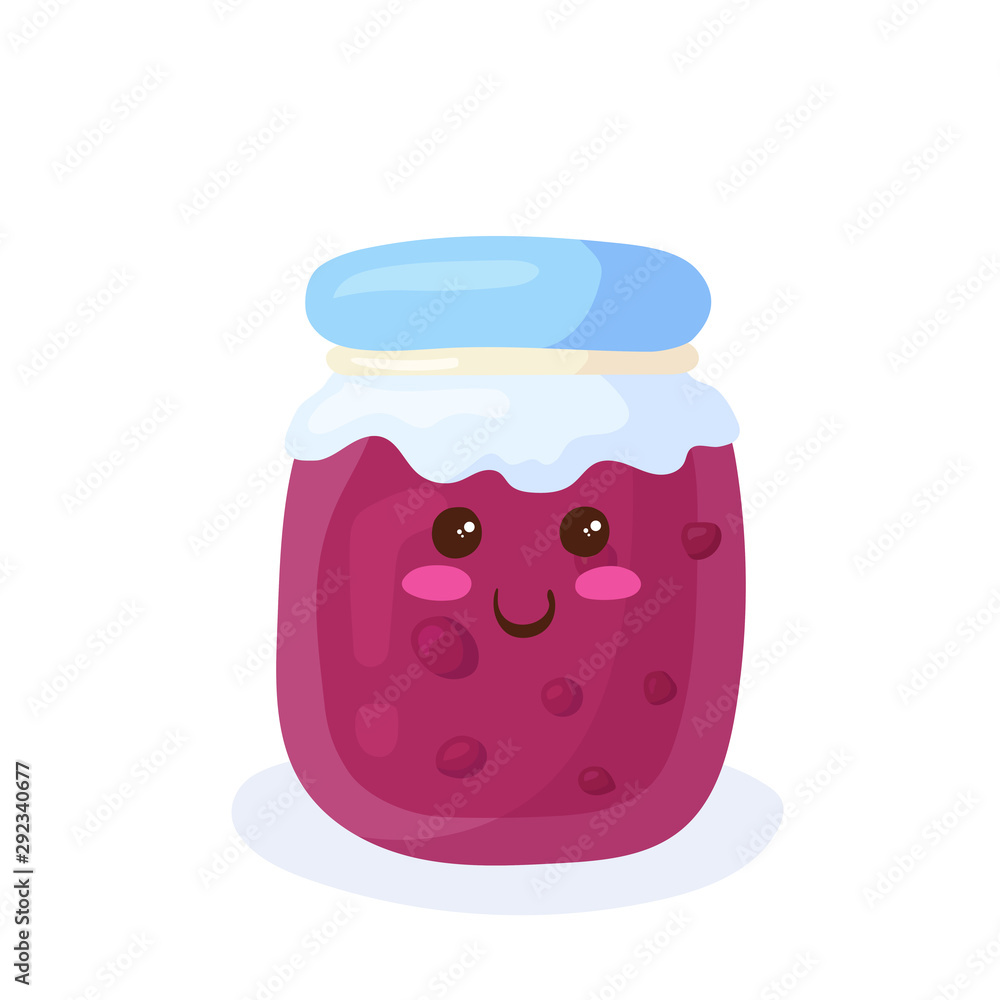 Kawaii Jam Jar vector illustration in flat cartoon style isolated on white  background. Hand drawing cute food character. Kids menu funny smiling  design element concept of cherry or strawberry pink jam Stock
