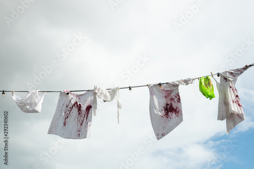 Bloody clothes hanging on a rope on sky background © Elena Noeva