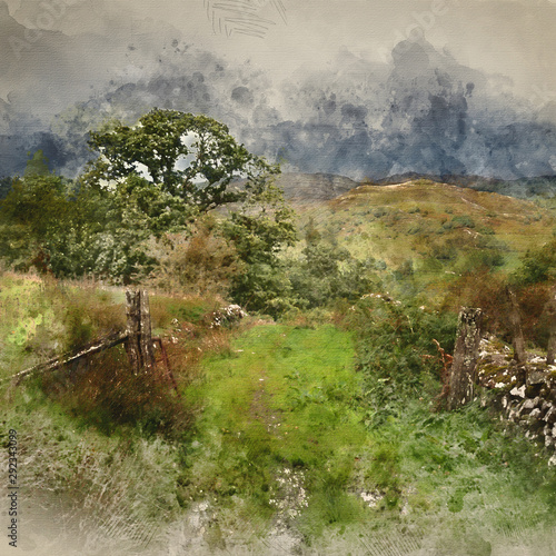 Digital watercolor painting of Landscape image of view from Precipice Walk in Snowdonia photo