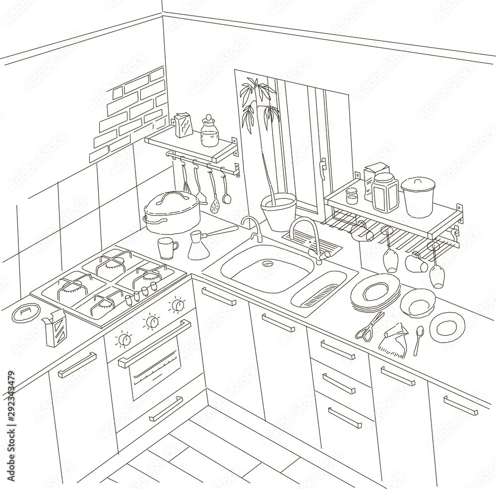 Kitchen, anime background style, line drawing art