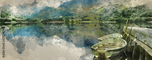Digital watercolor painting of Panorama landscape rowing boats on lake with jetty against mountain background photo