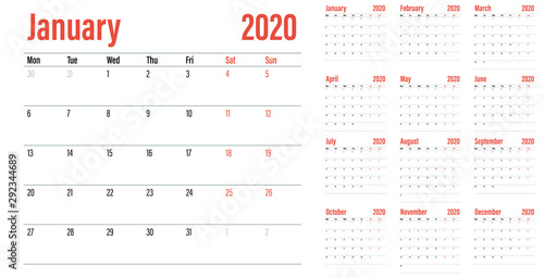 Calendar planner 2020 template vector illustration all 12 months week starts on Monday and indicate weekends on Saturday and Sunday
