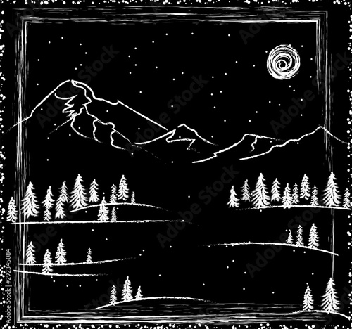 A chalk drawing is a winter forest and mountains on a moonlit night for Christmas cards design. Forest in snowy weather frames - Vector