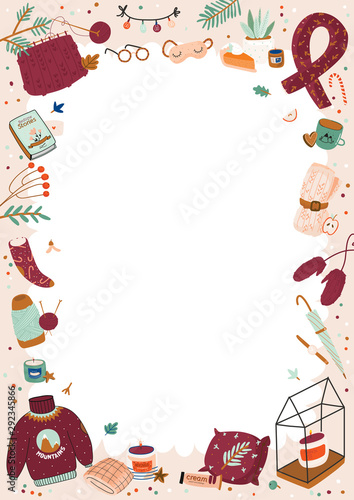 Cute illustration with autumn and winter cozy elements. Isolated on white background. Motivational typography of holidays hygge quotes. Scandinavian danish style. Vector