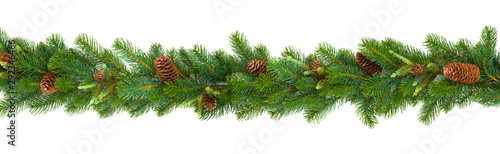 Garland with green fir branches and cones isolated on white photo